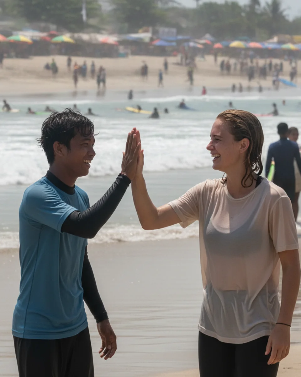 Surf instructor and student in Kuta Beach, Bali