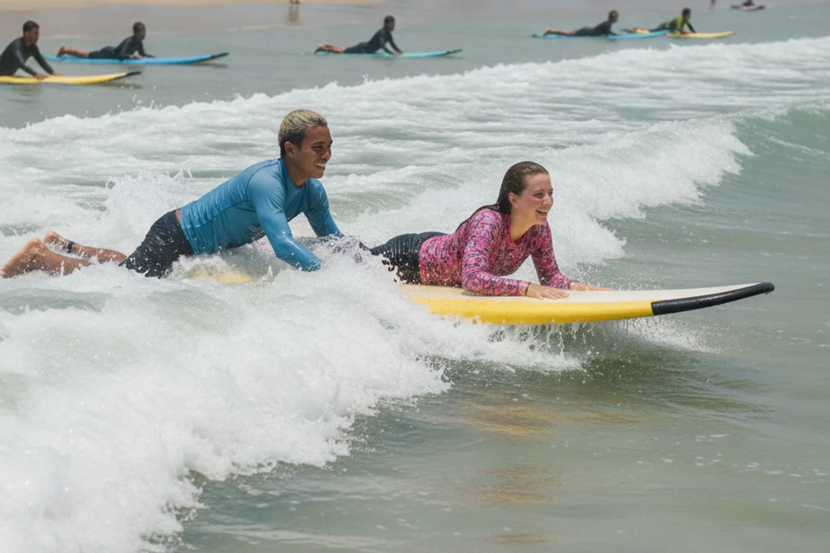 Surf lesson in progress at Kuta Beach, Bali