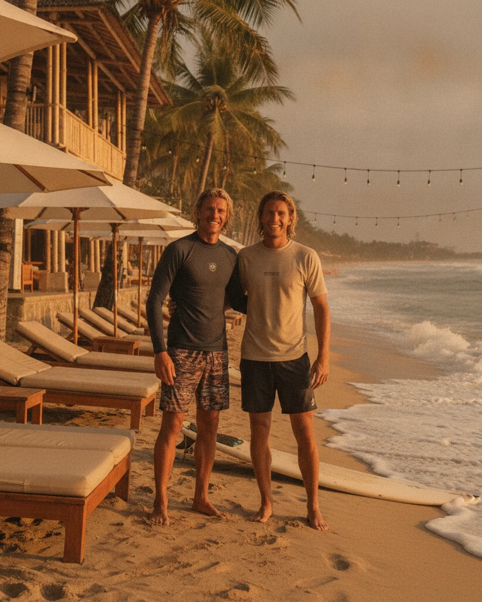 Surf instructor and student in Seminyak, Bali